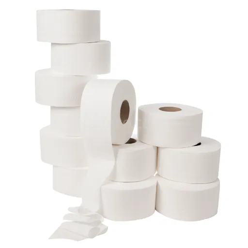 Rouleaux de papier toilette jumbo, pratique et économique. Disponible sur