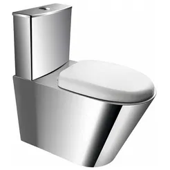 Kompakt fristående toalett med PVC-sits och matt rostfritt stål.